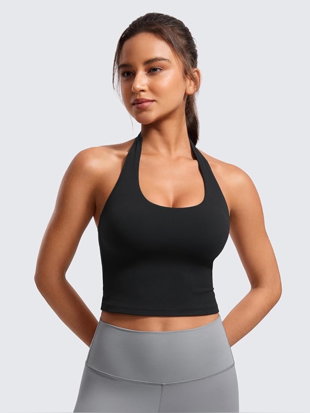 CRZ YOGA Butterluxe Halter Crop Tank Tops For Women Open Back Padded Black Small